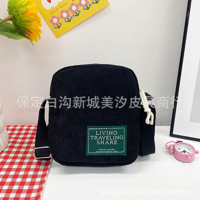 Corduroy Small Square Bag Women's Shoulder Bag Korean Simple Messenger Bag Zipper Closure Strap Mobile Phone Bag