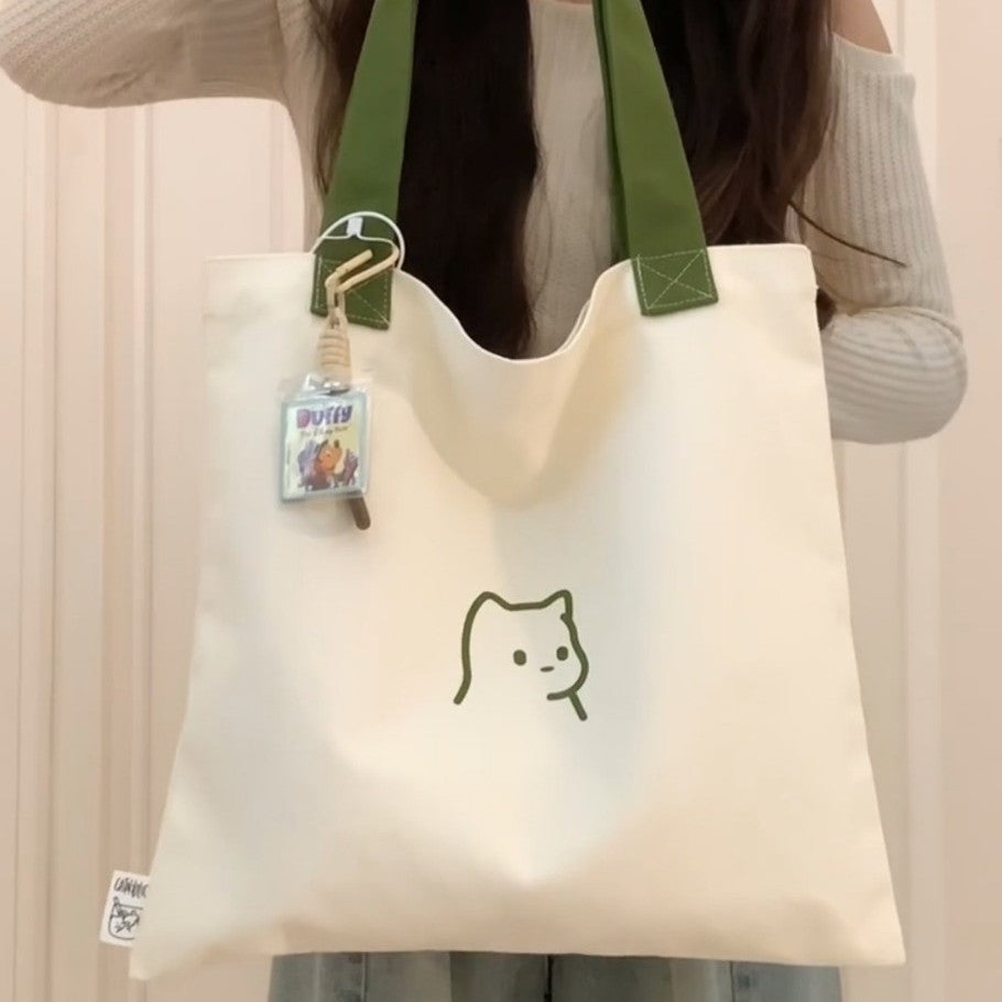 Cute Cat Print Canvas Tote Bag for Women, Large Capacity Shoulder Bag with Simple Design, Perfect for Daily Use and School