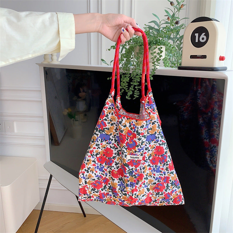 Korean Style Summer Large Capacity Hand Shoulder Bag Drawstring Shopping Bag Fresh Floral Tote Bag Underarm Bag