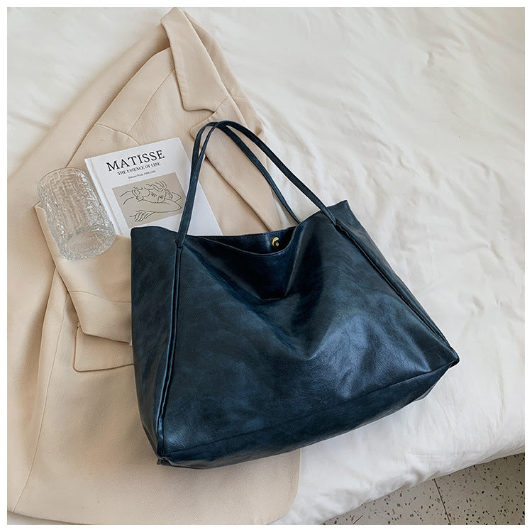 Tote Bag Women's Bag New Japanese and Korean Large Capacity Soft Leather One Shoulder Retro Casual Portable Bucket Bag