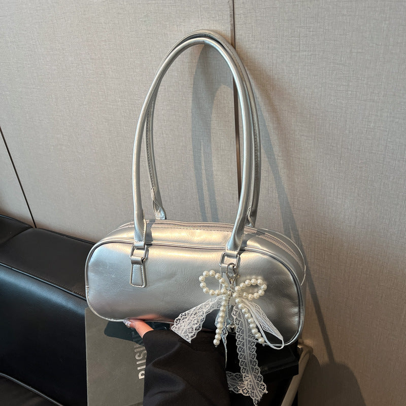 Elegant Pearl Lace Decorated PU Tote Bag with Large Capacity and Zipper Closure for Daily Use