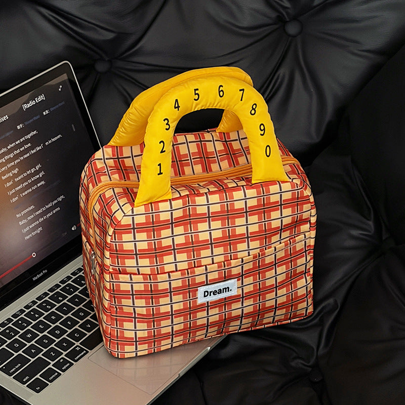 Contrast Color Check Portable Lunch Bag Female Student Large Capacity Insulated Bag Commuter with Meal Lunch Bag