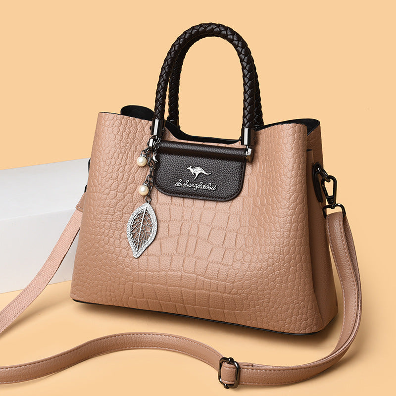 Women's Tote High-Grade Large Capacity Crocodile Pattern Leaf-Shaped Decorative Pendant Everyday Joker Crossbody Shoulder Bag