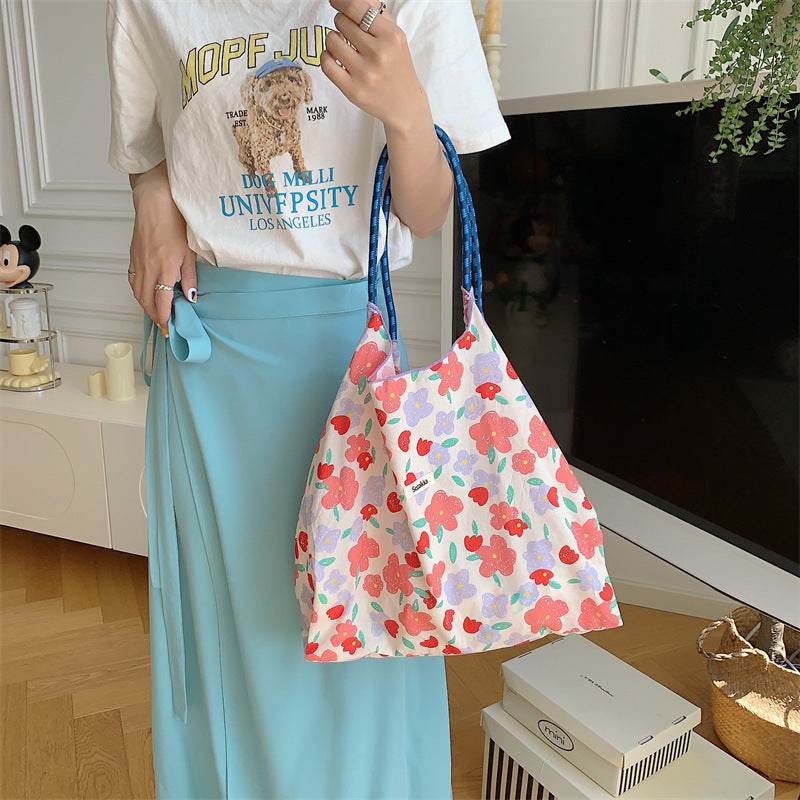 Korean Style Summer Large Capacity Hand Shoulder Bag Drawstring Shopping Bag Fresh Floral Tote Bag Underarm Bag