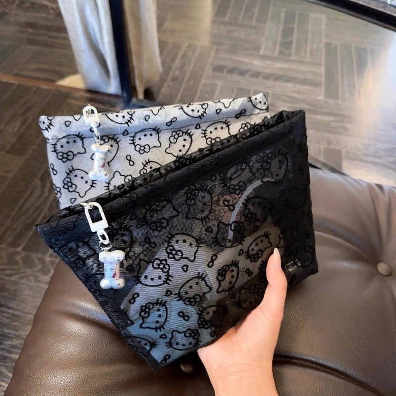 Cute Cat Mesh Girl Cosmetic Bag Breathable and Simple Makeup Buggy Bag Stylish and Portable Clutch