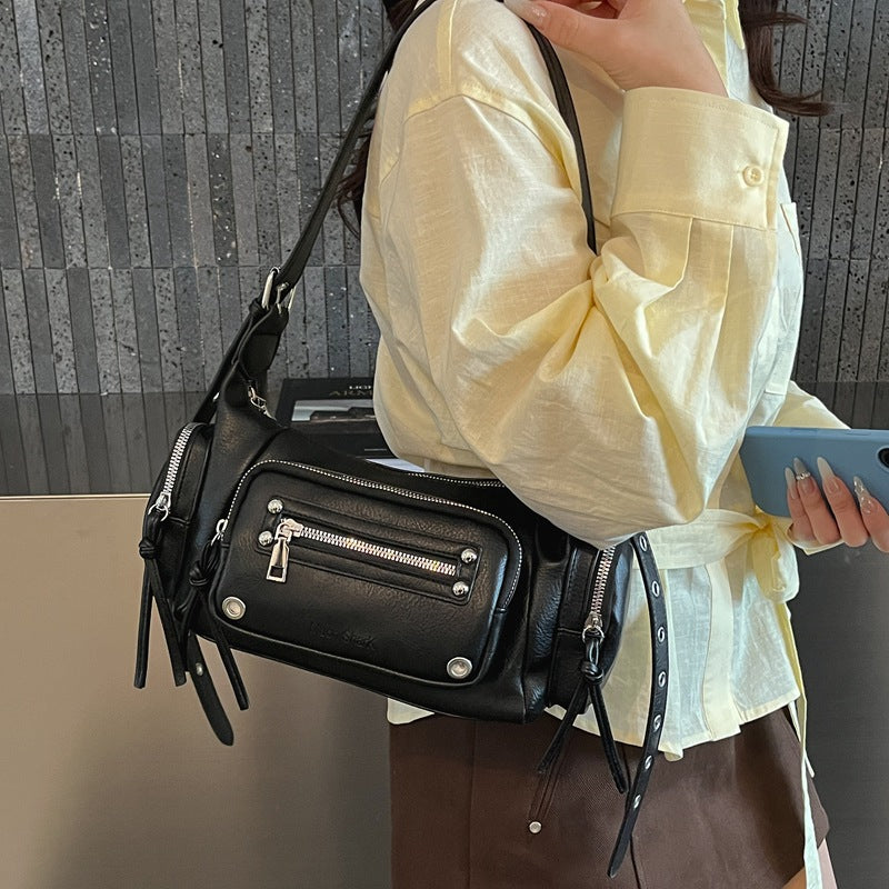 Korean Street Style Moto Bag with Rivets and Tassels, Multi-Pocket Shoulder Crossbody Bag for Daily Fashion