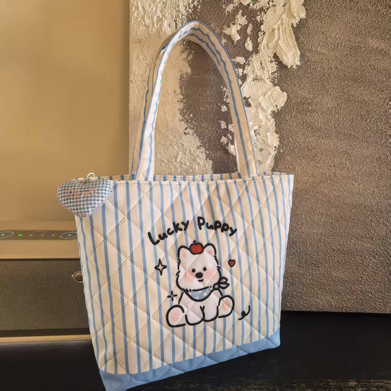 Cute Lucky Puppy Striped Quilted Handbag Cartoon Dog Design Daily Commuter Fashion All-Match