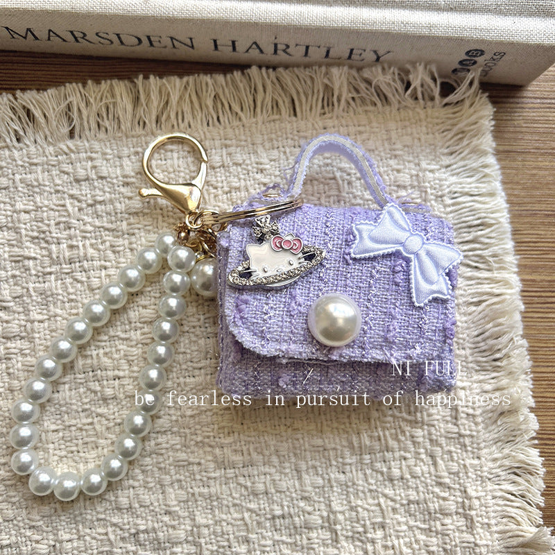 Korean Style New Retro Dots Cartoon Cat Lipstick Pack Pearl Exquisite High Sense Versatile Pendant Keychain for Women