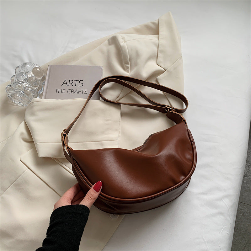 New Trendy Women's Bags Retro Design Soft PU Leather Half-Moon Shoulder Bag Simple Daily Commuter Messenger Bag
