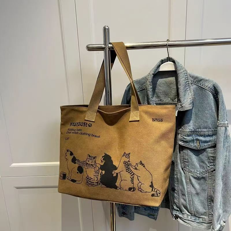Fashionable Canvas Tote Bag with Cute Cat Print, Large Capacity Shoulder Bag for Daily Use and Travel