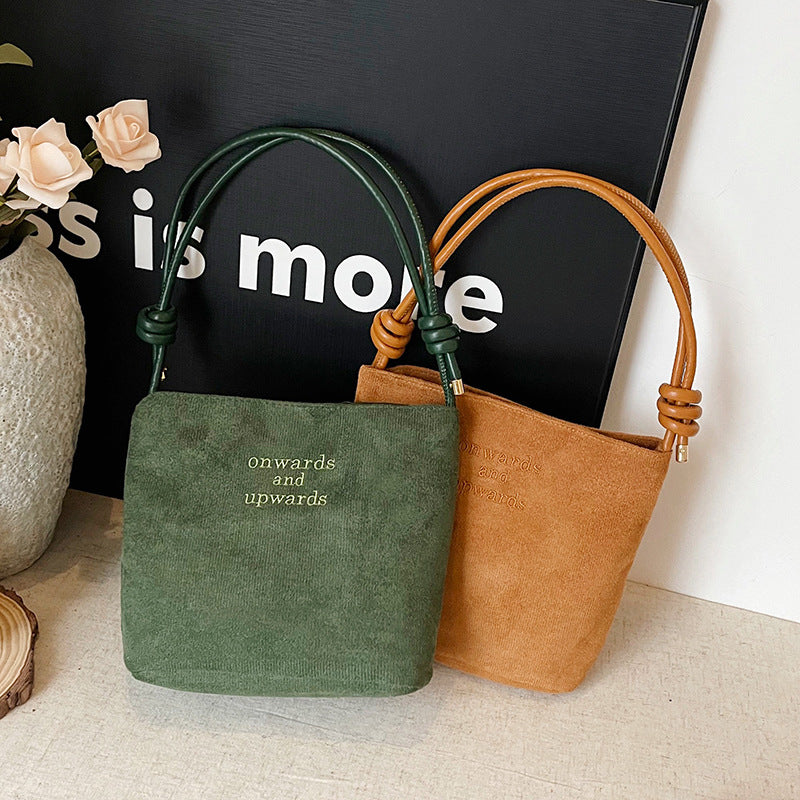Women's Bucket Bag New Retro Suede Letter Embroidered Fashion Crossbody Shoulder Bag