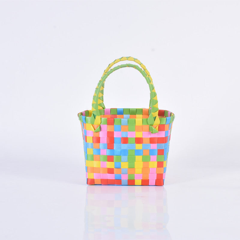 Handwoven Checkerboard Tote Bag for Women, Fashionable Beach & Daily Use, Soft PVC Material with Open Top and Inner Pockets
