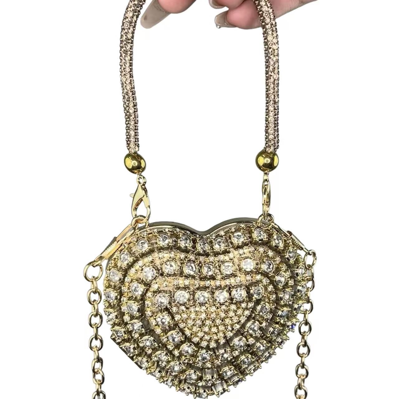 2025 New European Fashion Mini Heart-Shaped Crystal Clutch Bag with Chain Strap for Evening Party and Daily Use