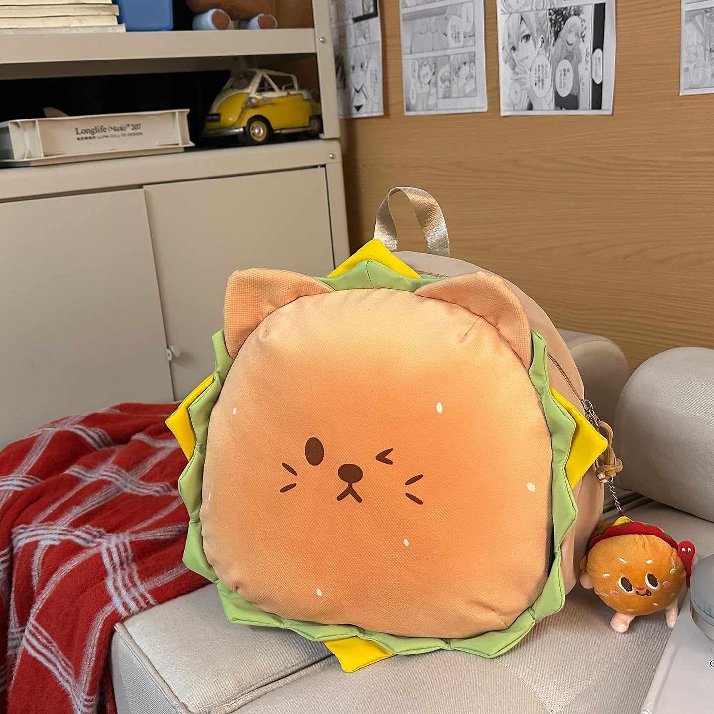 Cute Burger Cat Backpack for Kids and Teens - Stylish Dual Shoulder Bag with Soft Plush Design and Comfortable Back Support