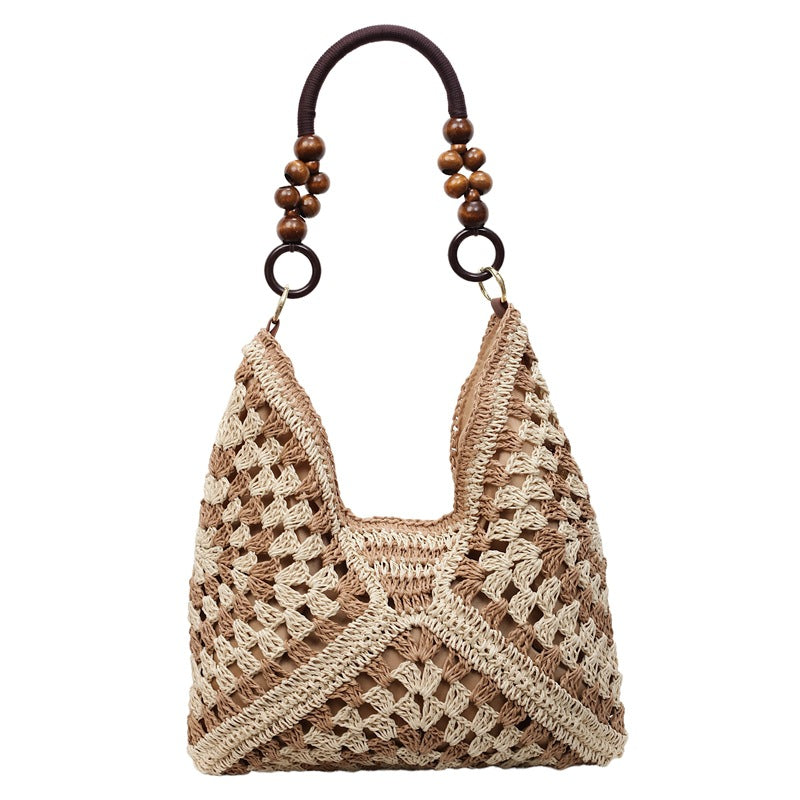 Boho Chic Handwoven Tote Bag with Wooden Bead Handle - Large Capacity Beach & Everyday Style