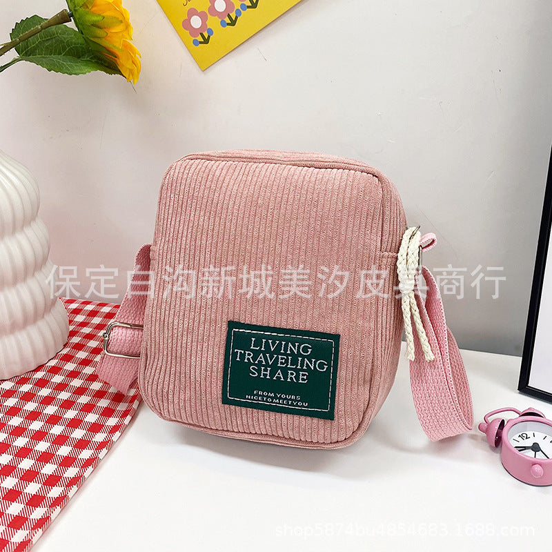 Corduroy Small Square Bag Women's Shoulder Bag Korean Simple Messenger Bag Zipper Closure Strap Mobile Phone Bag