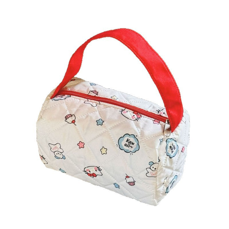 Cute Quilted Cosmetic Bag with Cartoon Print, Portable Makeup Organizer for Daily Use and Travel