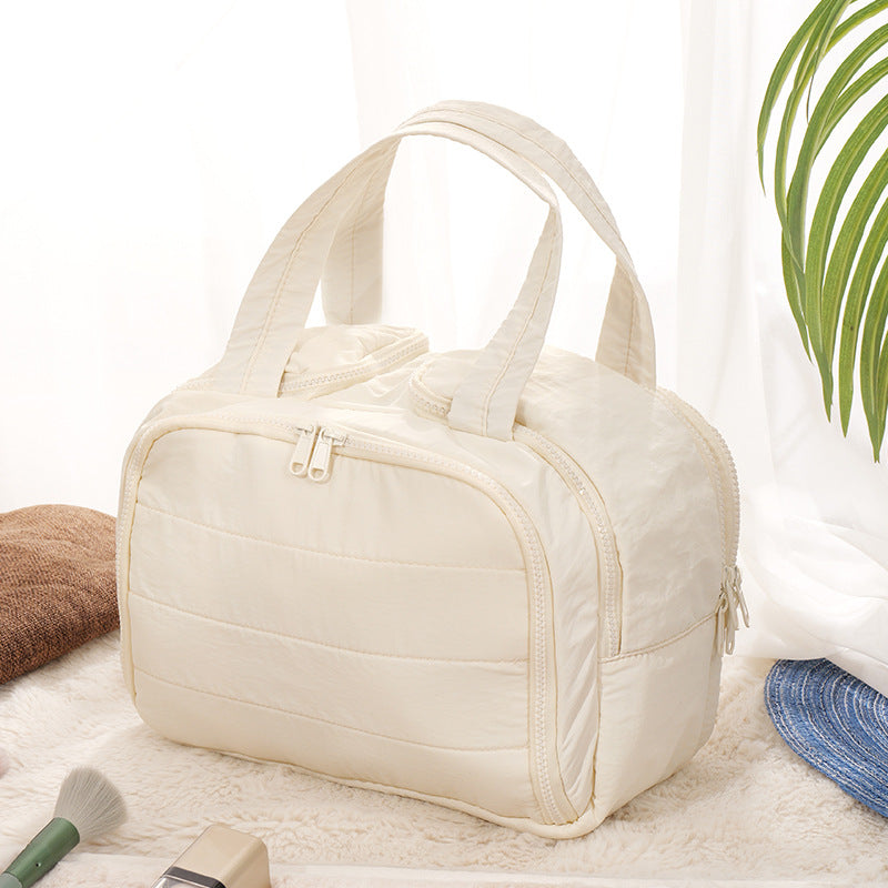 Double Wide Open Large Capacity Fluffy Cosmetic Bag Women's High-End Travel Portable Toiletry Bag Fresh Sweet Style
