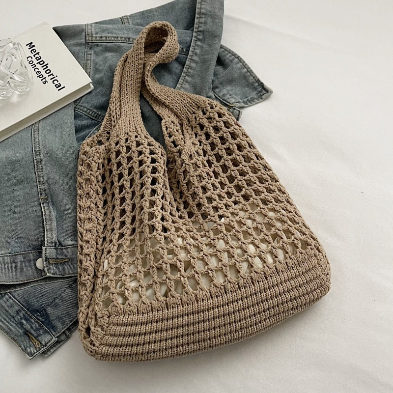 Women's Shoulder Bag Hollow Knitted Tote Bag Beach Vacation Simple Large Capacity Daily Commuter Hand-Carrying Bag