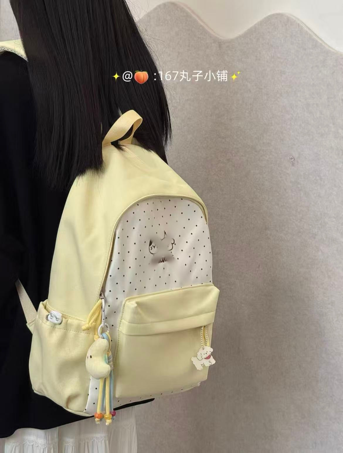Cute Polka Dot Backpack with Embroidery Design for Girls, Fashionable and Durable School Bag with Front Pocket and Charm
