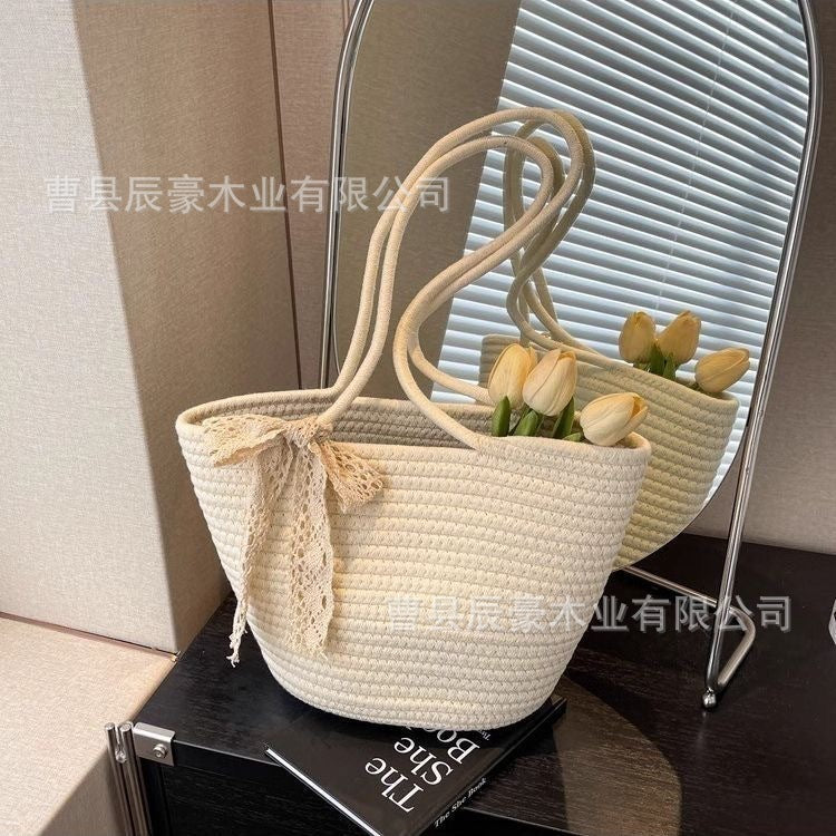 Women's Shoulder Bag Handmade Cotton String Woven Tote Bag Flower Decoration Large Capacity Commuter Travel Beach Handbag