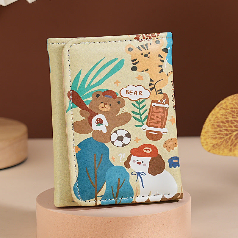 Cute Cartoon Print Trifold Wallet with Card Holder and Coin Pocket, Waterproof PU Material for Daily Use
