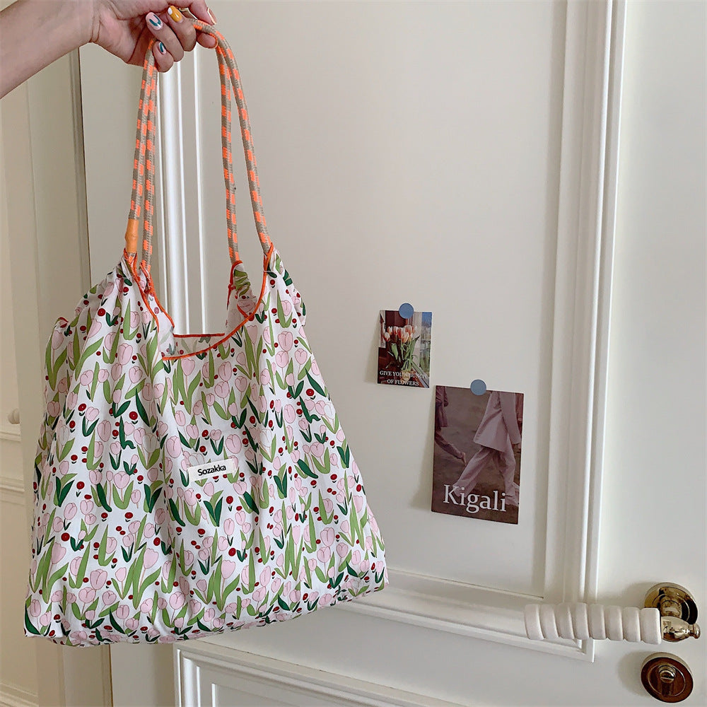 Korean Style Summer Large Capacity Hand Shoulder Bag Drawstring Shopping Bag Fresh Floral Tote Bag Underarm Bag