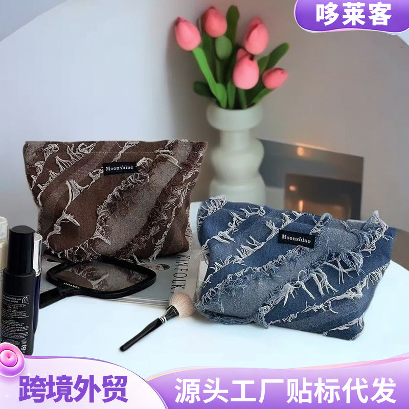 Cosmetic Bag Women's Large Capacity Storage and Carrying Wash Bag Toner and Lotion Organizing Folders High-Grade Denim Tassel