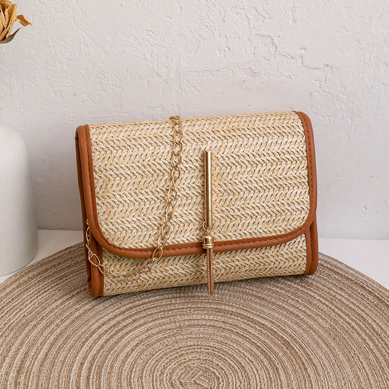 Straw Bag Women's Trendy All-Match Woven Small Square Bag New Tassel Chain Bag