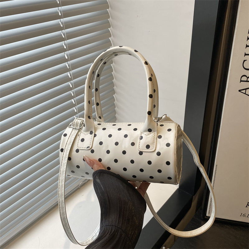 2025 Spring New Fashion Polka Dot Cylinder Handbag Women's Casual Crossbody Bag with Zipper Closure and Stylish Handle