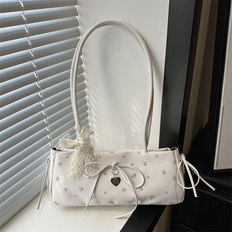 Cute Floral Print Tote Bag with Bow Detail for Women, Fashionable Shoulder Bag with Elegant Design and Soft PU Material