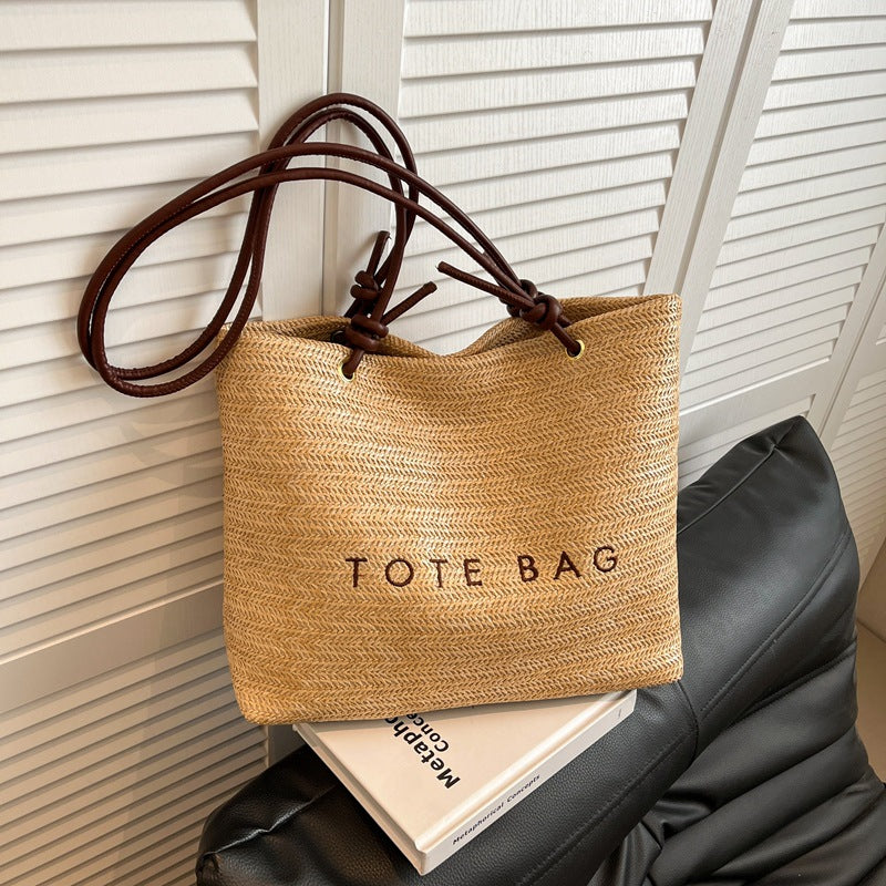 Stylish Straw Tote Bag with Leather Handles for Beach, Travel and Daily Use