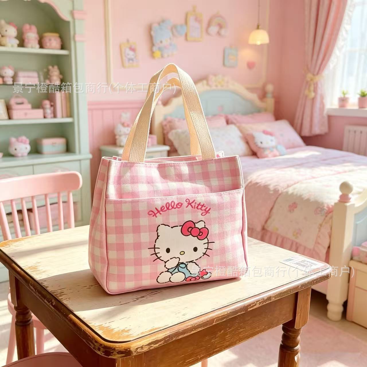Cute Hello Kitty Checkered Canvas Tote Bag with Large Capacity for Daily Use, Perfect for Students and Office Workers