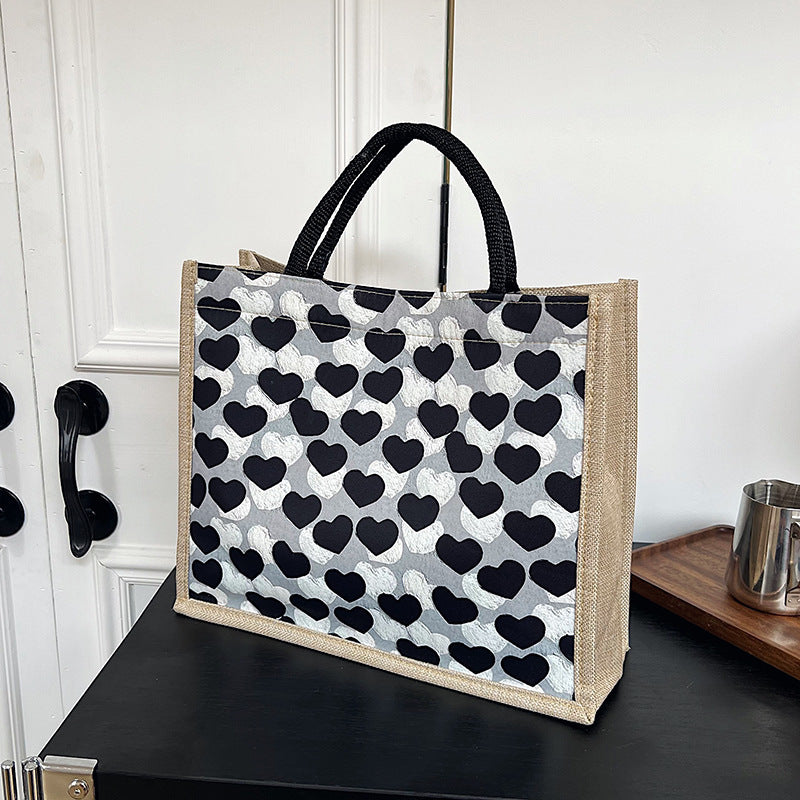 Linen Magnetic Snap Large Capacity Bag Female New Simple Fashion Peach Heart Portable Commuter Large Tote Bag