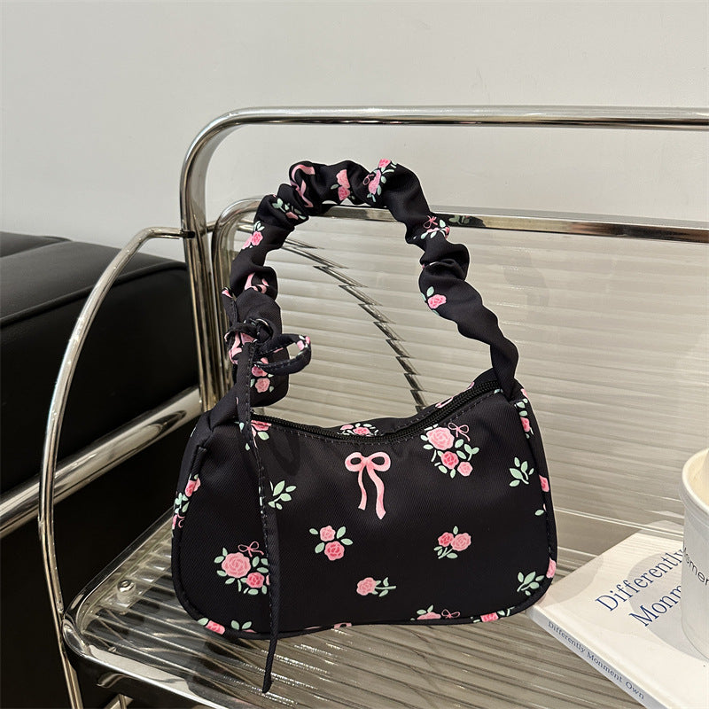 Gentle Sweet Flowers Canvas Bag Female New Drawstring Floral Bow Underarm Bag