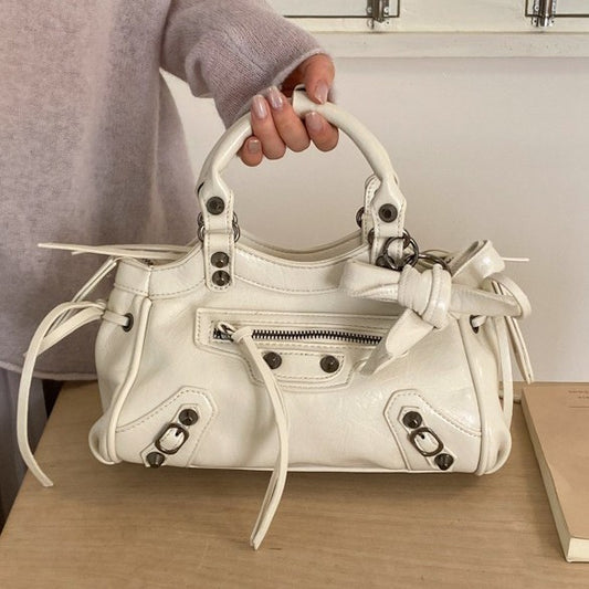 Retro Rivet Moto Bag Women's Fashion 2026 Trendy Small Crossbody Handbag with Tassel Details