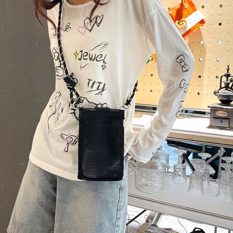 Sweet Fresh Cell Phone Bag Women's Summer Outdoor Single-Shoulder Bag Crossbody Mesh Portable Storage Bag