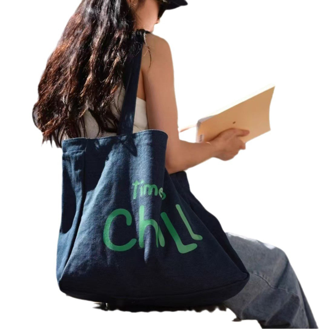 Chill Style Denim Tote Bag for Women - Trendy Printed Letter Design, Large Capacity Everyday Shoulder Bag for Work, School & Casual Outings