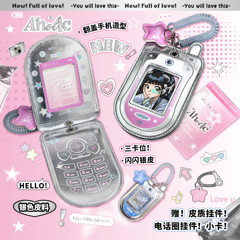 Flip Phone Style Card Holder with Transparent Window and Three Card Slots, Cute Design for Students and Fans
