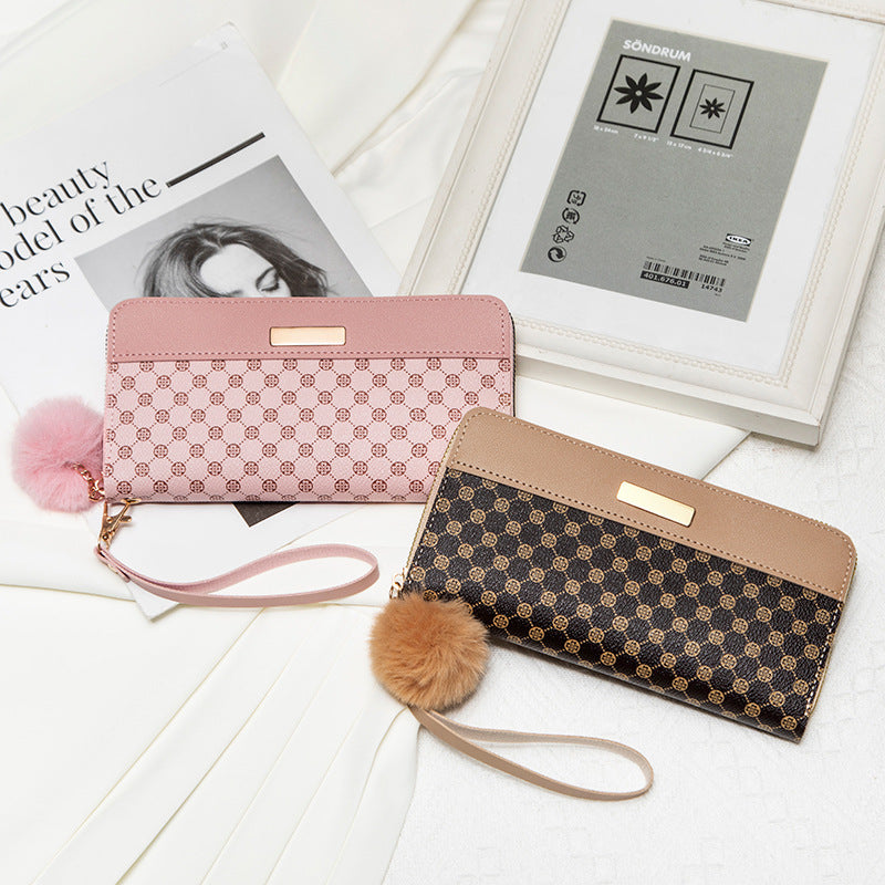 2025 Spring New Printed Long Wallet with Pom-Pom Strap Fashion Women's Clutch Bag