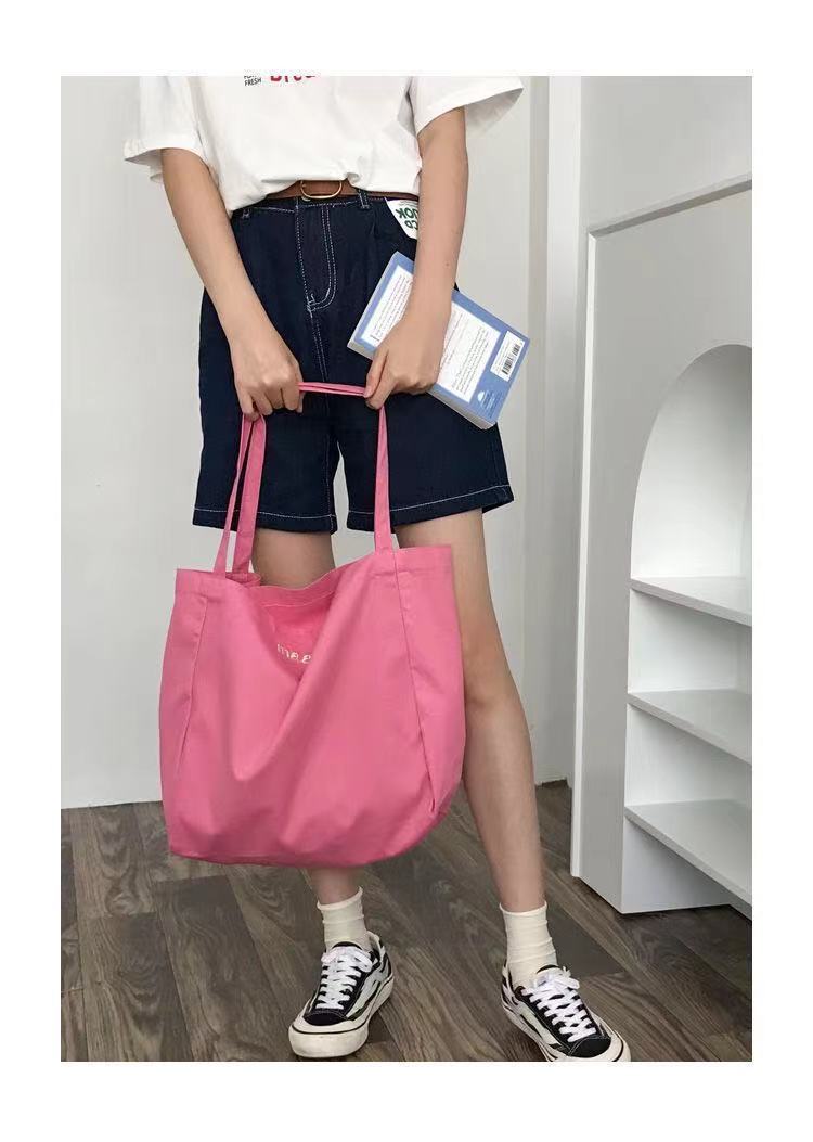 Cute Candy Color Canvas Tote Bag with Letter Print and Fluffy Charm for Daily Use and School