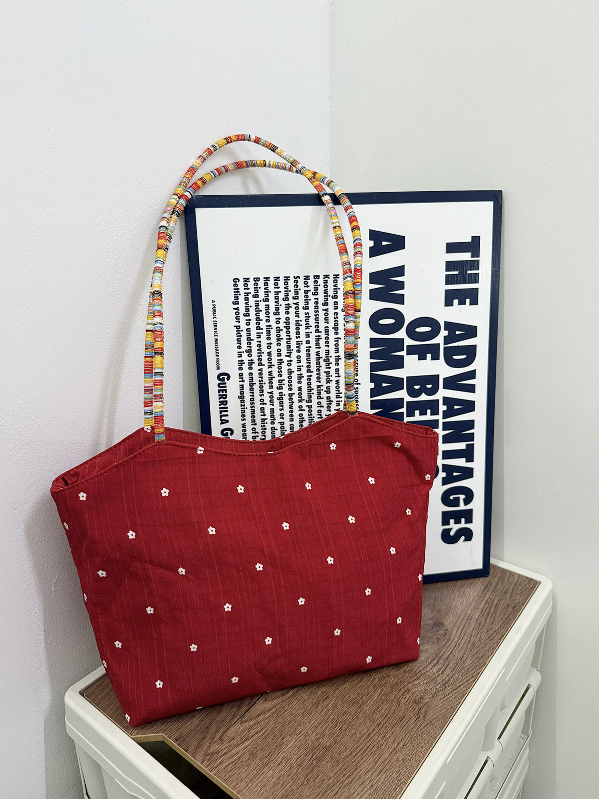 Korean-style red floral canvas bag, women¡¯s new contrast color weave commuter tote shoulder bag