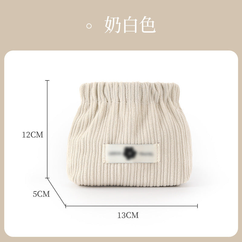 Portable Ribbed Cotton Cosmetic Bag with Elastic Opening for Travel and Daily Use