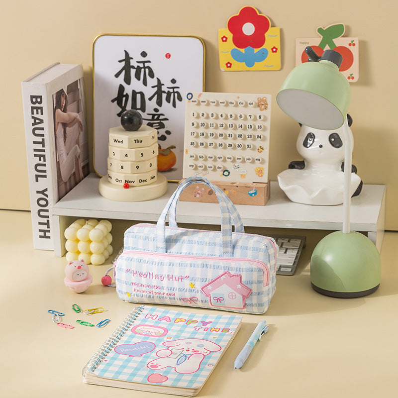 Cute Double-Layer Pattern Lucky Embroidery Pencil Case Large Capacity Portable Portable Ins Style Dopamine Good-looking Stationery