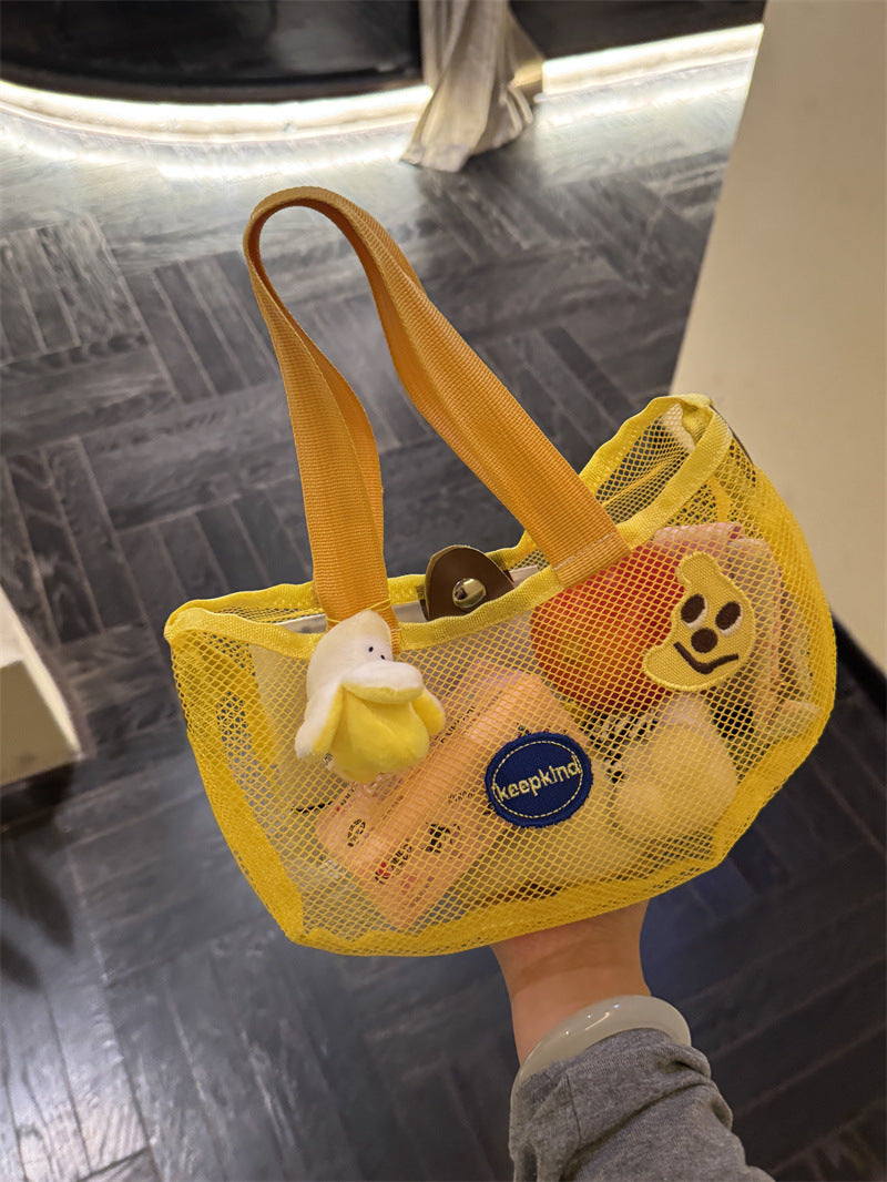 Summer Mesh Tote Bag with Cute Accessories for Beach, Bath, and Daily Use