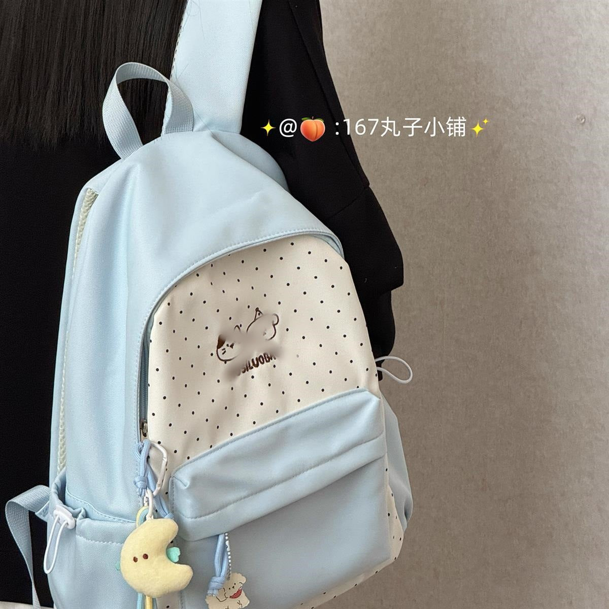 Cute Polka Dot Backpack with Embroidery Design for Girls, Fashionable and Durable School Bag with Front Pocket and Charm