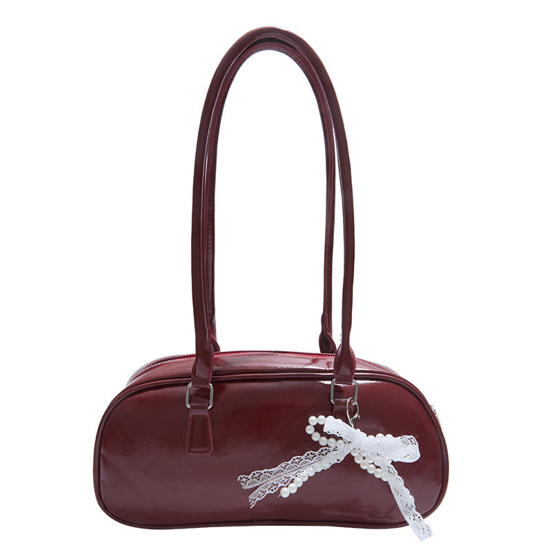 Elegant Pearl Lace Decorated PU Tote Bag with Large Capacity and Zipper Closure for Daily Use