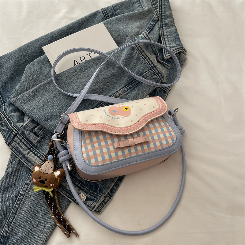 Cute Apple Small Square Bag Urban Simple Style Plaid Bow Design Fashionable All-Match Shoulder Messenger Bag