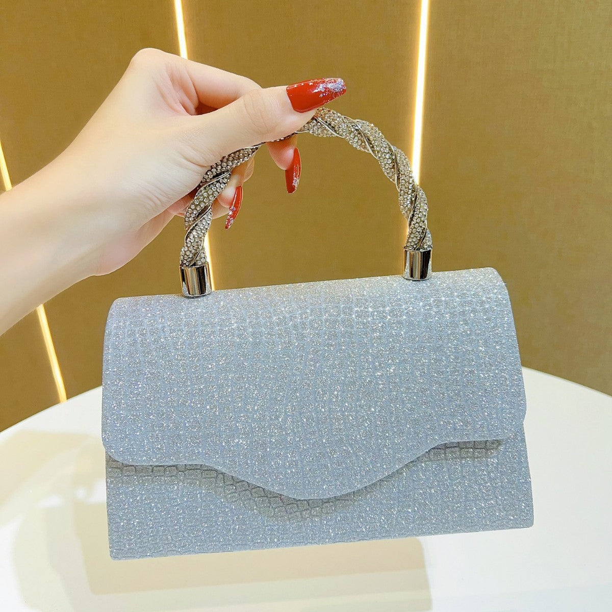 Sparkling Glitter Clutch Bag with Rhinestone Handle for Evening Parties and Formal Events