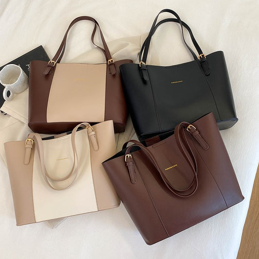 Women's Simple Color Contrast Patchwork Pu Tote Bag Large Capacity Daily Commuter's All-Matching Portable Shoulder Bag